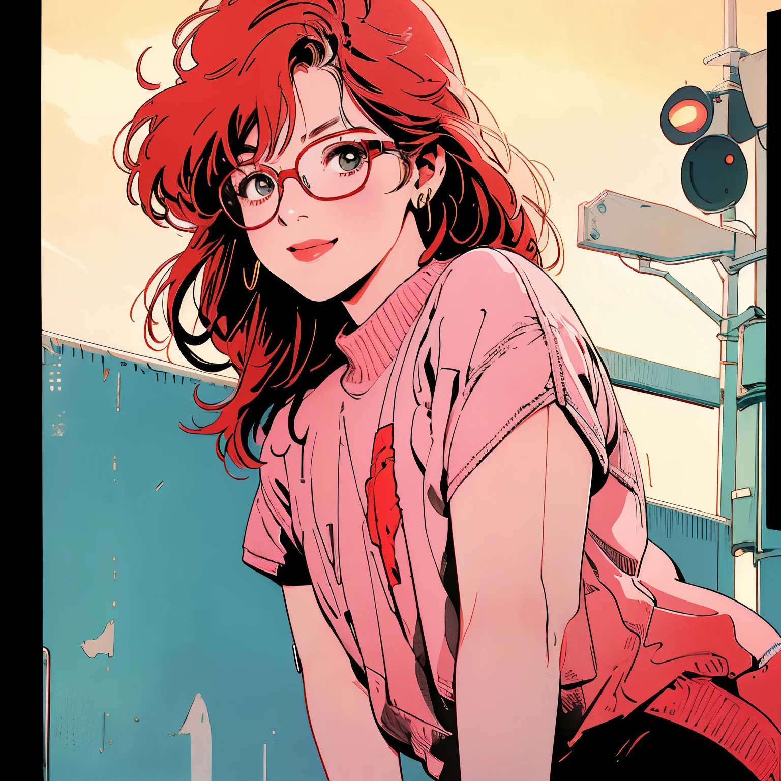 whole body、Upper Body、1 pretty woman、4k、Short sleeve sweater、pedestrian crossing、Signal 、intersection、Complex background、Detailed Hair、smile、pale red hair、Glasses