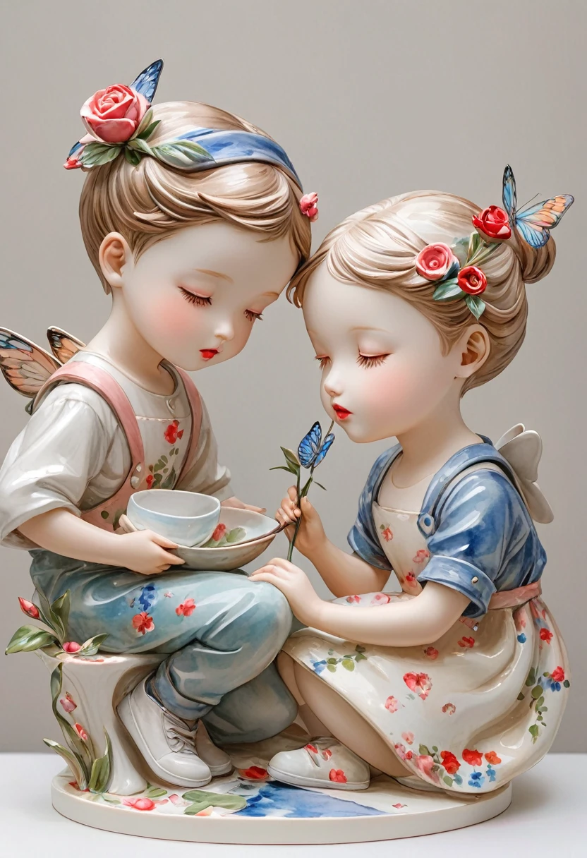 (masterpiece, best quality:1.2) ，Artistic statues，3D Sculpture，ceramics(((Boys and girls，lover:1.3)))，Watercolor pattern， whole body（8K）