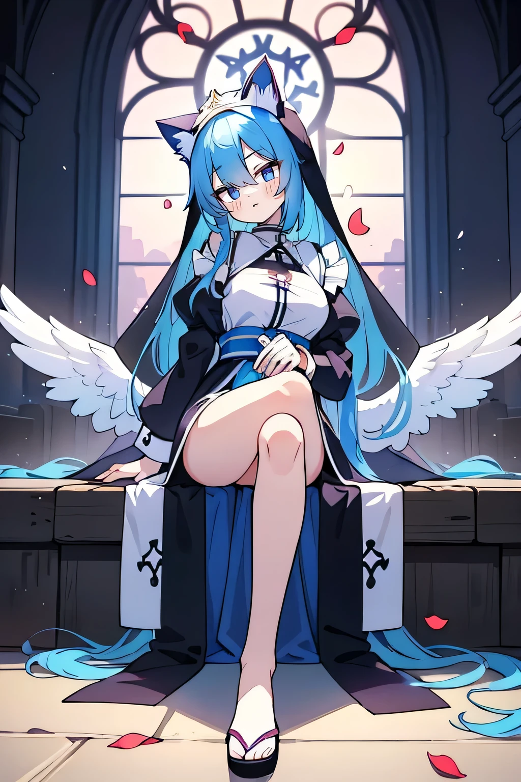 (masterpiece:1.2),Extremely detailed,Practical,expressive eyes,Fair skin,Perfect face shaping,1 Girl,
Japanese cartoons,Gorgeous blue hair, the long flowing blue hair,Floating clothes,Cat ears,Petals fall,beautiful lola,Young Angel,
Place your hands on your waist,sit elegantly on the ground,Cross your legs,Gentle and peaceful background,church,Nun&#39;s Clothes,two legs. 