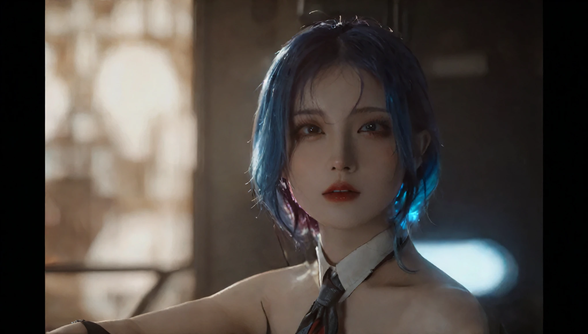 there is a woman with blue hair and a tie posing for a picture, cinematic bust shot, ultra realistic 8k, cinematic close-up bust shot, cinematic realistic portrait, 8 k sensual lighting, makeup. unreal engine, cyberpunk art ultrarealistic 8k, detailed cinematic render, cinematic bust portrait, short blue haired woman