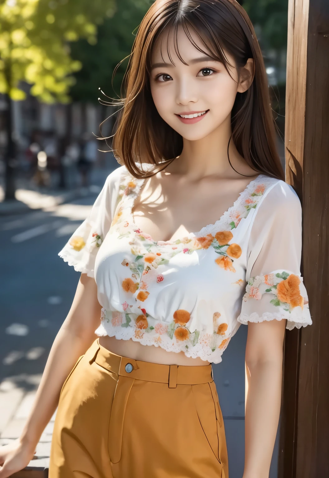 (masterpiece, best quality:1.1), (8k, raw photo, photo realistic:1.2, f22), (shiny skin), detailed skin,long hair,ribbon,detailed face, detailed eyes,smile,BREAK, real world, intricate details, smil, BREAK, 1girl, full body,(orange,short sleeve,pants)BREAK, (Florist:1.4)