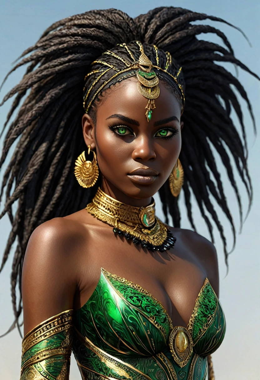 (((Femme noir africaine, peau couleur ébène intense et profond, peau parfaite))), ((best quality, extremely detailed:1.8, hyperRéaliste:1.5, photorealistic:1.5, grande profondeur de champ, vue de face, very beautiful 35 year old woman, Prise de vue en direct )), ((femme debout, she has a serious pose, very long hair, black hair with gold and shiny green highlights, quelques mèches tressées, tresses africaine, ses cheveux volent dans le vent)), ((detailed black african woman face looking at camera, yeux verts claire électrique, Warrior, feline silhouette)), (photorealistic), sharp eyes, poitrine push-up, very thin waist, jambes longues, longues jambes, fine and detailed hands, detailed hairstyle, very long hair, femme charismatique, charisme, charismatique, sparkling eyes