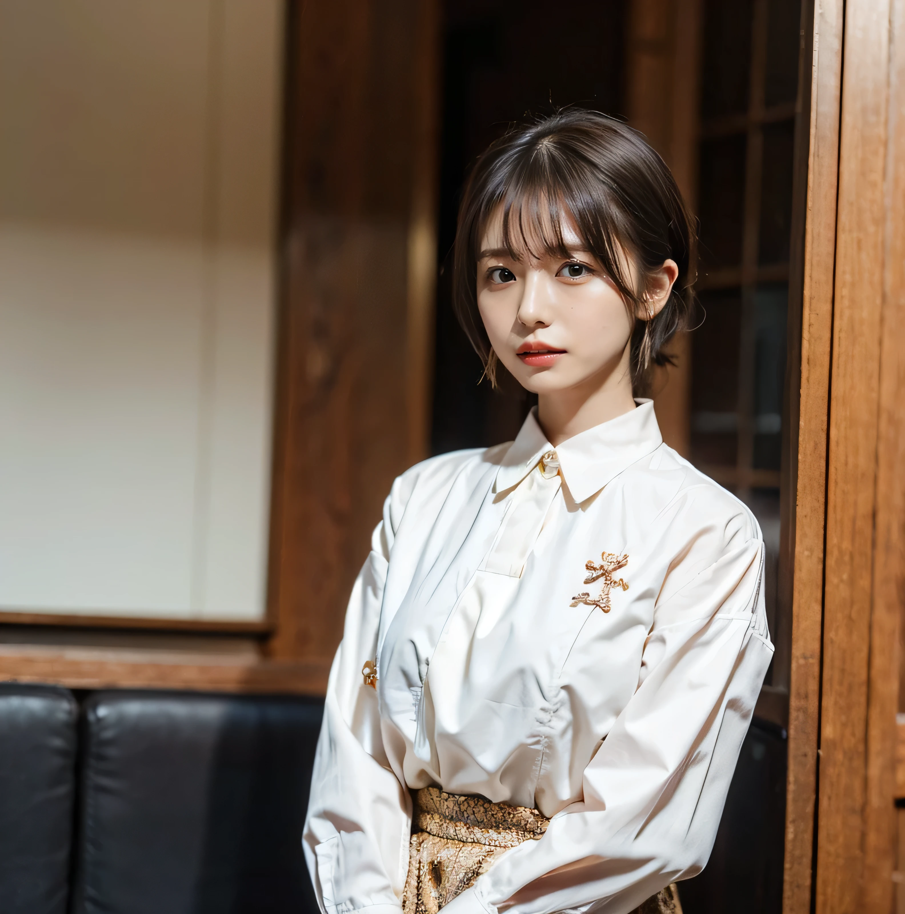 Fluffy perm hair、with rufflessleeveless、Braided hair only for the bangs、Light brown hair、teeth grinding、{{Cowgirl Shot}}、((Close-up shot from the waist up、Big Breasts:1.4))、Swollen breasts、Big Breasts、Smile、Silk clothing、Big Breasts that can be seen even through clothes、Braided hair only for the bangs、Cowboy Shot、A luxurious white collared silk shirt and brown skirt、Elegant attire、A luxurious bag、In front of a stylish cafe with illuminations、A lovely smile、((Nagoya street corner))、Full body photo、ring、Luxurious clothing、Short skirt、Tuck your hair behind one ear、Silver Necklace、smile、 elegant ponytail、Caustics、Highly detailed photos、Very beautiful eyeedium Short Hair、Large Breasts、Super no makeup、(8k、RAW Photos、highest quality、masterpiece:1.2)、(Realistic、Realistic)、1 girl、((Medium Short Hair、Looking into the camera:1.4))、Hair blowing in the wind