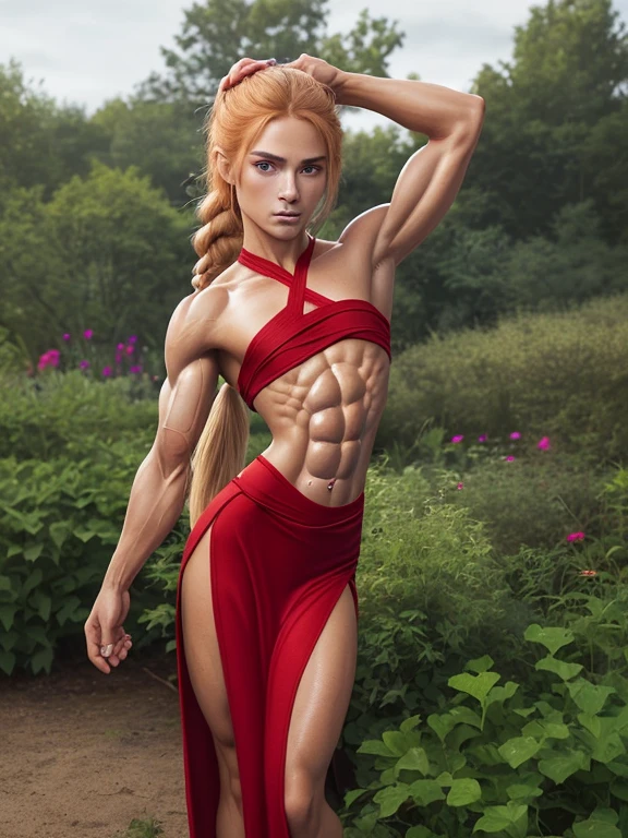 gorgeous north European girl with braid style hair, 1girl, 17 years old, powerhouse, ginger blonde hair, tanned alabaster skin, styled hair, contact lenses, (wearing two piece red shoulder less maxi dress with a leg slit and a bandeau style top), small breasts, flat chested, chiselled abs, (8-pack abs), abs of steel, shredded abdominal muscle, cut lower obliques, washboard abs, lean, gorgeous, tiny waist, standing in garden, wearing make up, muscular legs, gymnasts physique