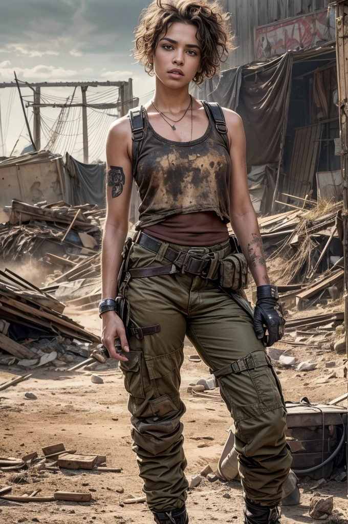 Masterpiece, portrait of a beautiful 18 years old american girl in a post-apocalyptic wilderness, punk brown short hair shaved on sides, light brown eyes, dirty white skin, high detailed skin, tense face, dramatic face, tough face, wearing military pants, wearing kaki crop top, kaki color, Badass girl, killer girl, wild girl, post-apocalyptic style, RAW, Dramatic lighting, post apocalyptic lighting, 8K, ultra high res.photorealistic, UHD, Phase one XF IQ4, 150 MP, post apocalyptic landscape in the background, dirt, dust, rumbles, debris