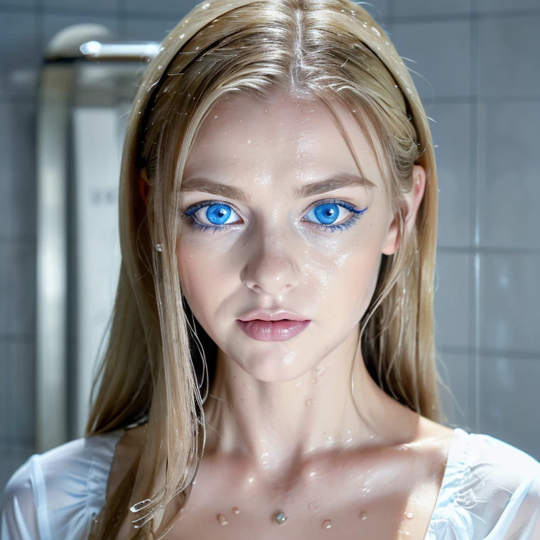 1 beautiful beautiful woman - Scandinavian European appearance (looks like the most beautiful Swedish girl), ((top quality, 8K, Masterpiece:1.retty woman, 1 woman, average breasts:1.3, a slim body:1.1, lush WHITE NIVEOUS long hair, (shower, wet body, wet clothes:1.1), very detailed face, detailed lips, detailed eyes, double eyelids, Detailed blue eyes, Detailed Outstanding Blue Eyes, WHITE NIVEOUS