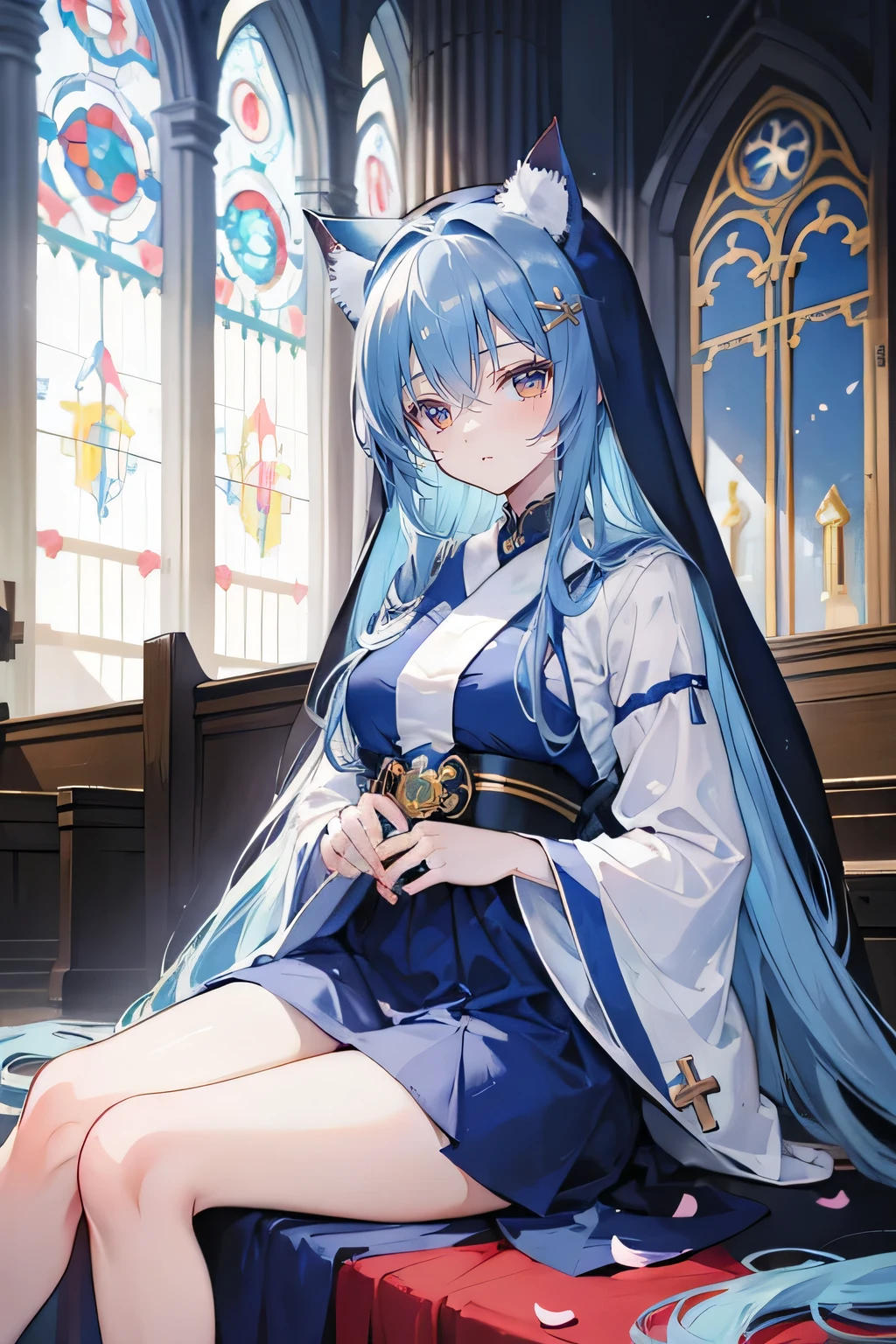 (masterpiece:1.2),Extremely detailed,Practical,expressive eyes,Fair skin,Perfect face shaping,1 Girl,
Japanese cartoons,Gorgeous blue hair, the long flowing blue hair,Floating clothes,Cat ears,Petals fall,beautiful lola,Young Angel,
Place your hands on your waist,sit elegantly on the ground,Cross your legs,Gentle and peaceful background,church,Nun's Clothes.