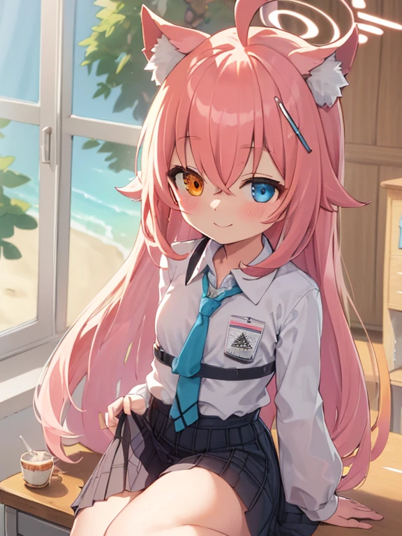 masterpiece, highest quality, Very detailed, indoor, school masterpiece, highest quality, Very detailed, Hello,Takanashi Hoshino,Very long hair,Orange eyes,blue eyes,Heterochromia iridis,Pink Hair,Norvan,(Small breasts:1.1),smile, Sand Wolf Shiroko, Animal Ears