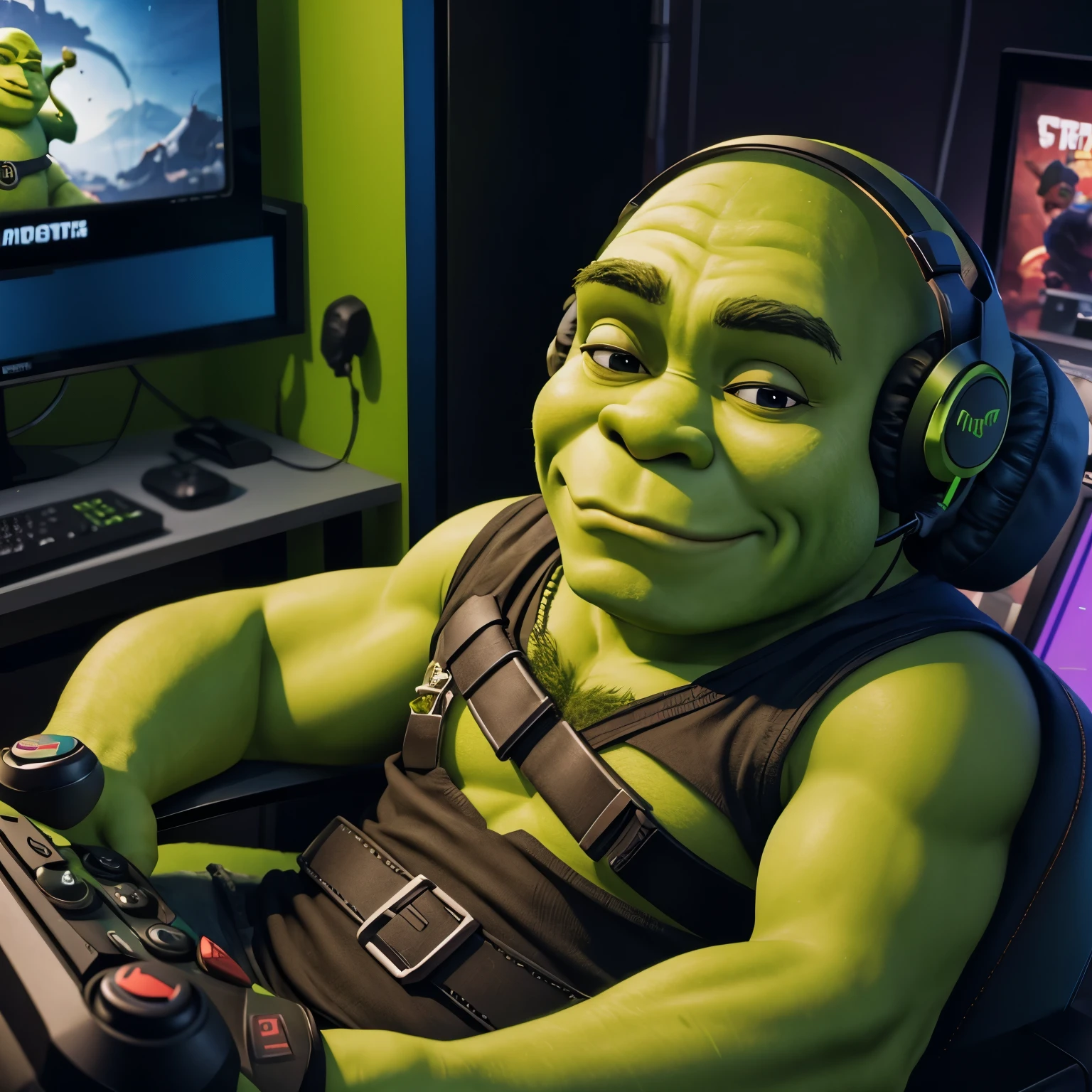 Shrek wearing a gaming headphone with gaming setup im the background