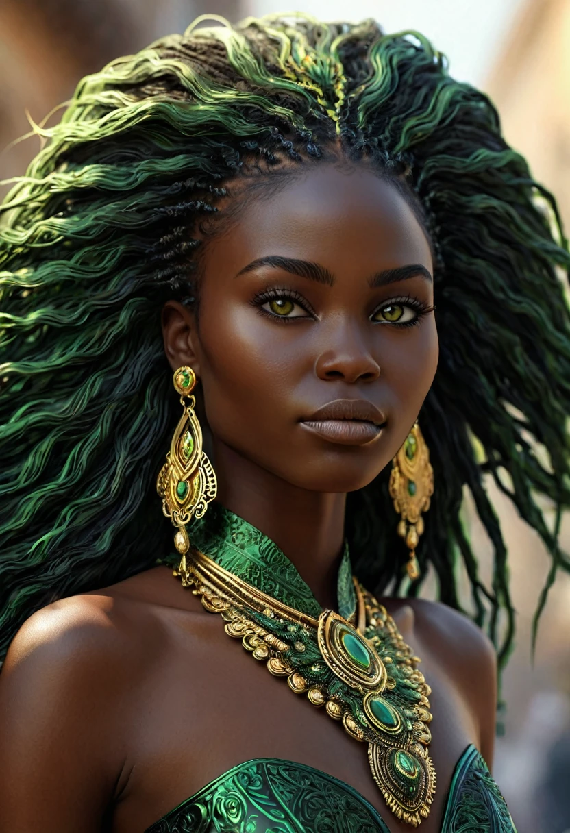 (((Femme noir africaine, peau couleur ébène intense et profond, peau parfaite, en mouvement, marche))), ((best quality, extremely detailed:1.8, hyperRéaliste:1.5, photorealistic:1.5, grande profondeur de champ, vue de face, very beautiful 35 year old woman, Prise de vue en direct )), ((femme debout, she has a serious pose, very long hair, black hair with gold and shiny green highlights, quelques mèches tressées, tresses africaine, ses cheveux volent dans le vent)), ((detailed black african woman face looking at camera, yeux verts claire électrique, Warrior, feline silhouette)), (photorealistic), sharp eyes, poitrine push-up, very thin waist, jambes longues, longues jambes, fine and detailed hands, detailed hairstyle, very long hair, femme charismatique, charisme, charismatique, sparkling eyes