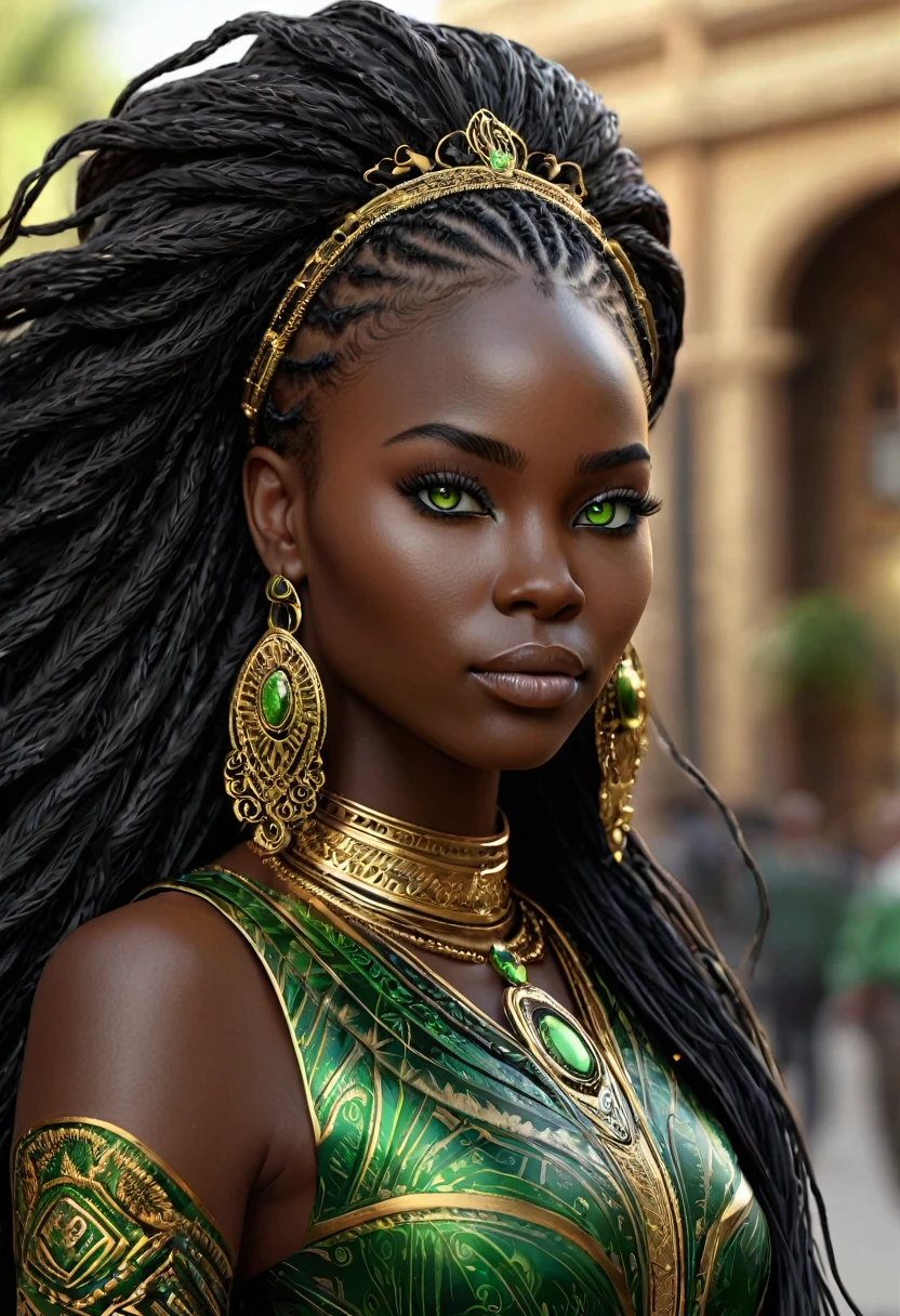 (((Femme noir africaine, peau couleur ébène intense et profond, peau parfaite, en mouvement,  marche))), ((best quality, extremely detailed:1.8, hyperRéaliste:1.5, photorealistic:1.5, grande profondeur de champ, vue de face, very beautiful 35 year old woman, Prise de vue en direct )), ((femme debout, she has a serious pose, very long hair, black hair with gold and shiny green highlights, quelques mèches tressées, tresses africaine, ses cheveux volent dans le vent)), ((detailed black african woman face looking at camera, yeux verts claire électrique, Warrior,  feline silhouette)), (photorealistic), sharp eyes, poitrine push-up, very thin waist, jambes longues, longues jambes,  fine and detailed hands, detailed hairstyle, very long hair,  femme charismatique, charisme, charismatique, sparkling eyes  