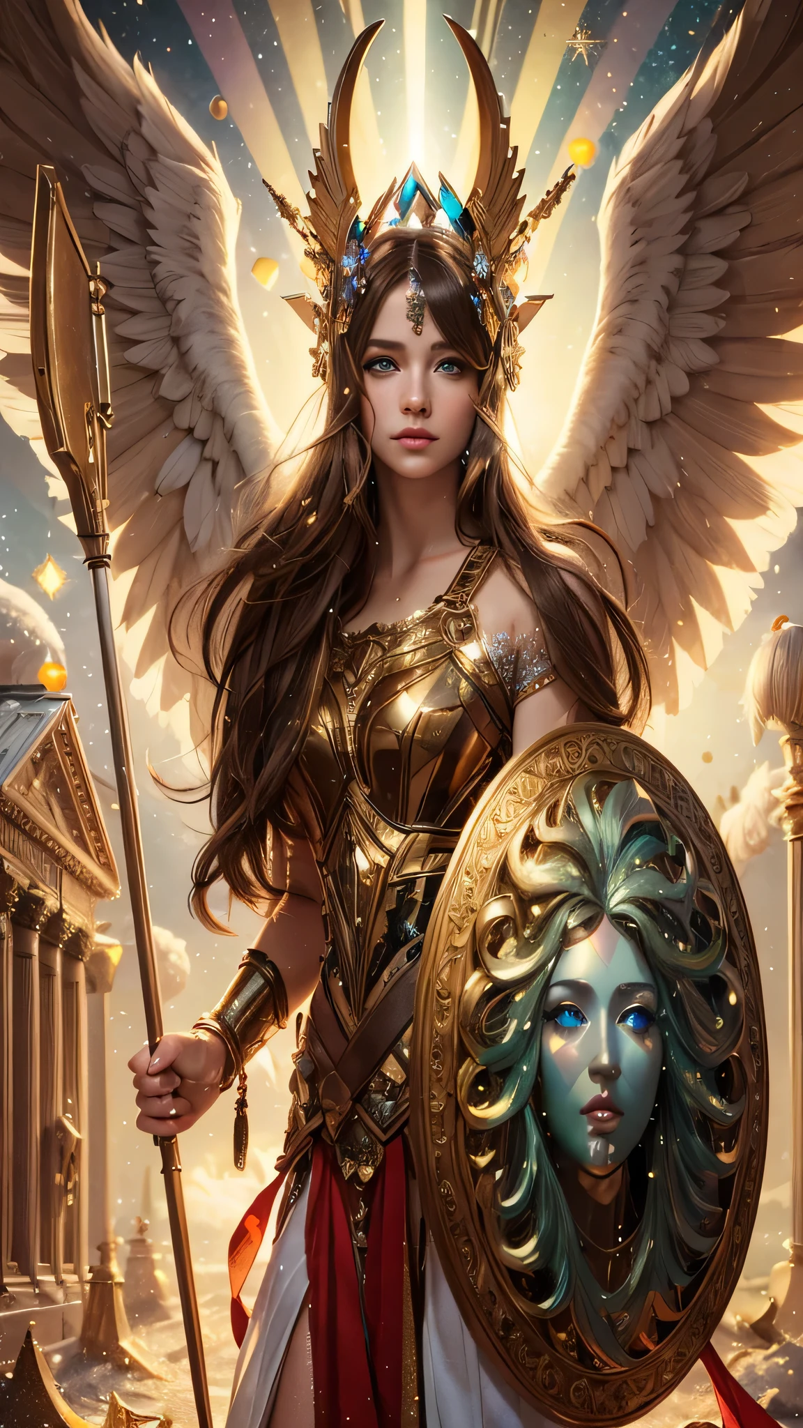 masterpiece, best quility, high_quality, high_resolution, masterpiece*portait, whitespace, colorful, 1girl, solo, brown_hair, prism hair, realistic eyes, realistic eyes, brown eyes, glowing, glitter, glowing white particles, wind lift, full_body, realistic finger, serious,