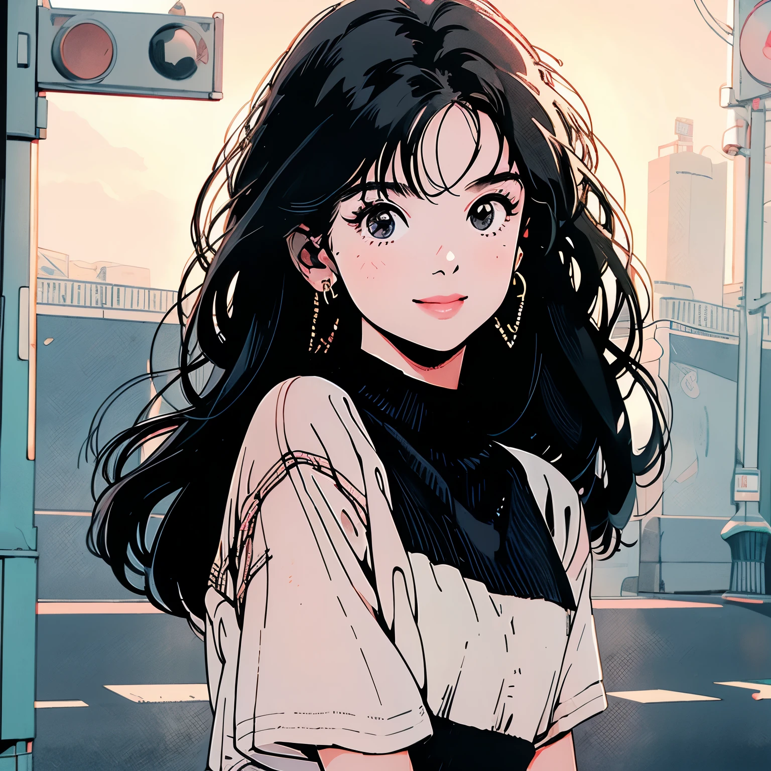 whole body、Upper Body、1 pretty woman、4k、Short sleeve sweater、pedestrian crossing、Signal 、intersection、Complex background、Detailed Hair、smile、Transparent black hair、Faint lighting