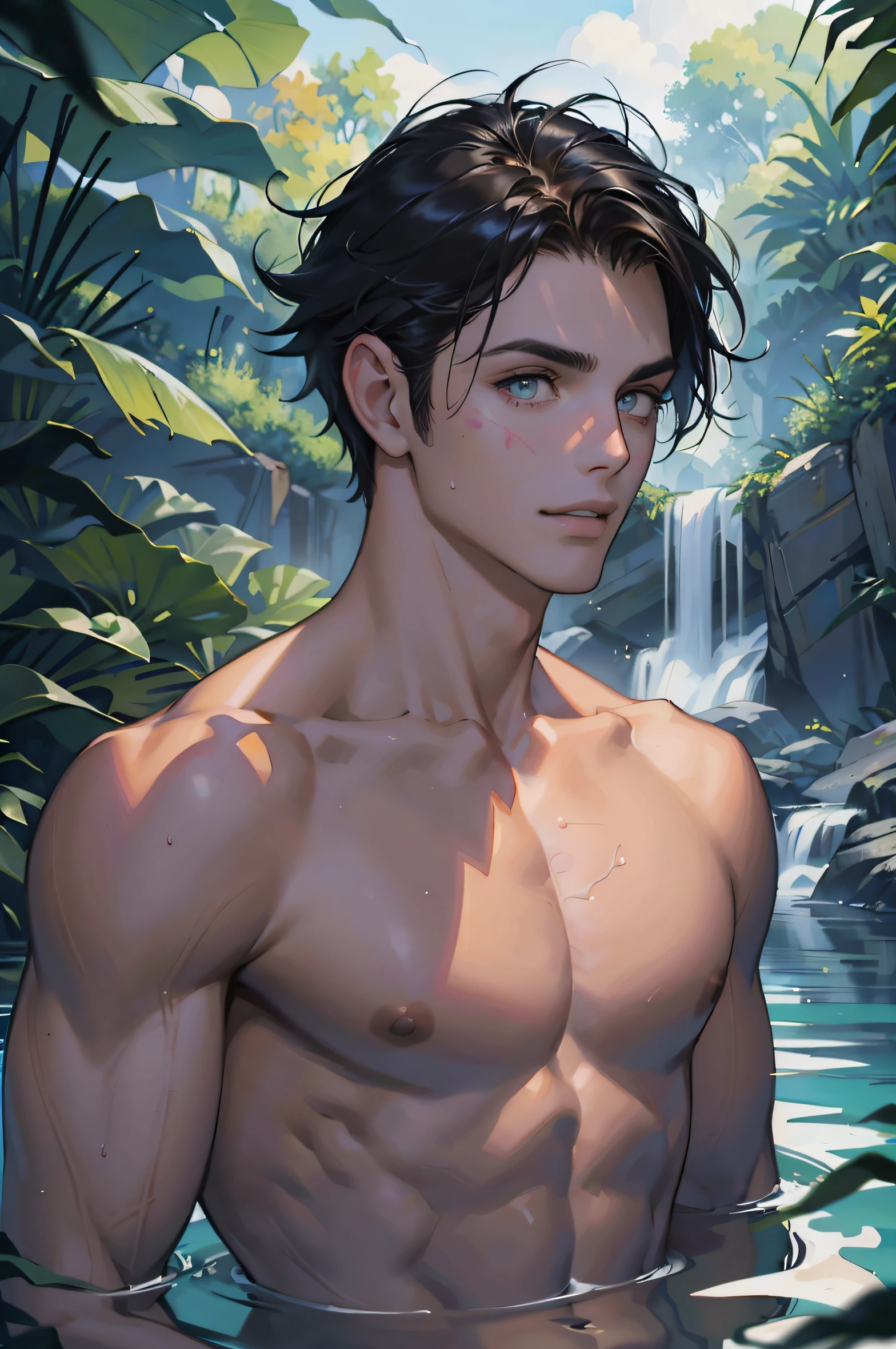 (tmasterpiece, high resolution, Ultra - Detalhado:1.0), (1 , jovem do sexo masculino), corpo masculino perfeito, (elfo masculino adulto:1.3), olhos delicados e rosto delicado, CG extremamente detalhado, cabelo preto, Unity 8k papel de parede, Detalhes complicados, Rosto detalhado, (olhos prateados, eye looking to camera, sorriso sexy, seductiveexpression, Olhos Meio Fechados, short and messy hair, half a body in the water, topless, Banhar, cabelo e corpo molhados), ao ar livre, flowers and trees, cachoeira, Retrato, color difference, profundidade de campo, dramatic shadow, ray tracing, best quality, Cinematic lighting, arte oficial,