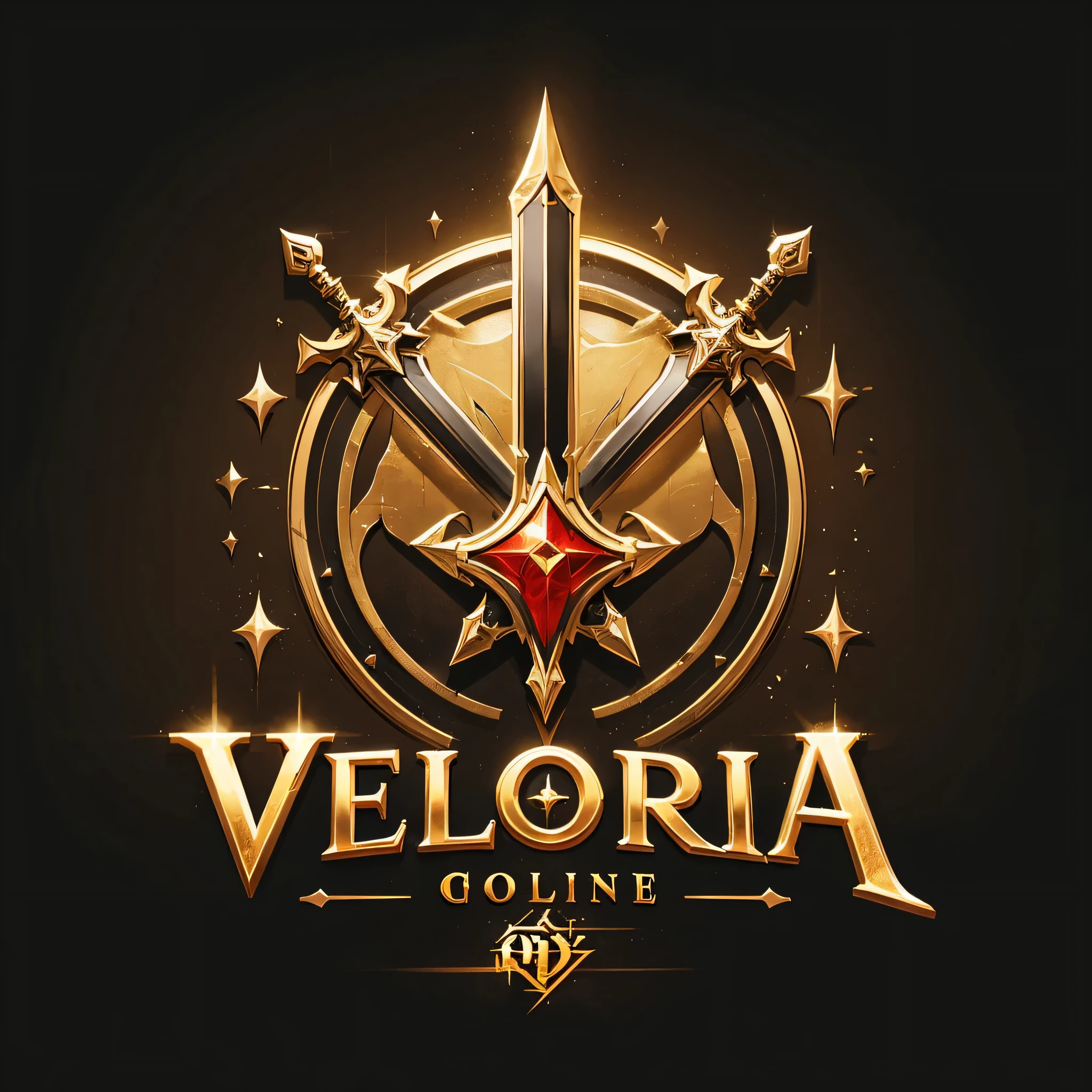 Game logo called VELORIA Online background black and golden design with swords , put the Logo txt in the middle of logo