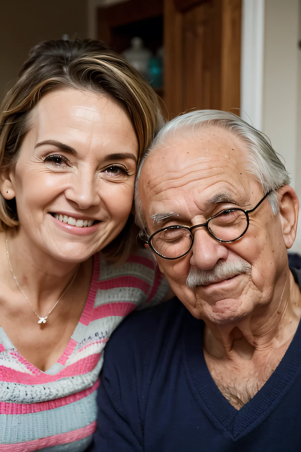 Image of beautiful 18 year old girl kissing 80 year old man, wrinkled, weathered, with piercing eyes, detailed face, high details, photography, dark studio, rim light, Nikon D850, 50mm, f/1.4