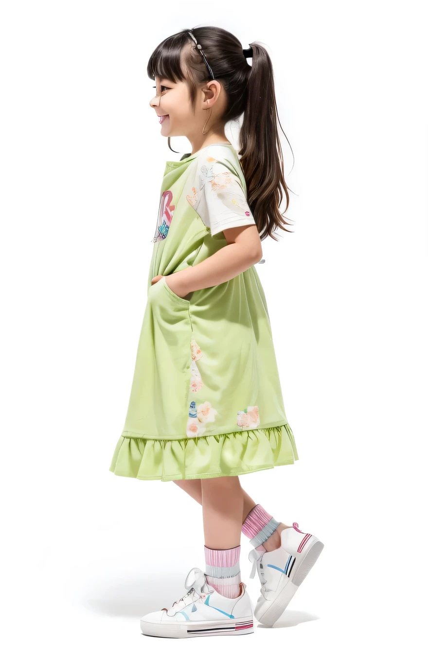 A man wearing jeans and a fedora is walking with a skateboard on a white background, (９Year old girl：1.66) ，（girl），Black Hair、（Double knit chest：1.37），（smile：1.37）, （White sneakers），（Light floral skirt：1.37），（Long skirt:1.37）Profile of a girl walking, Full body cute young woman, Side view of her taking a step, Standing girl, Cute girl's, Go right, Full body image, Looking into the camera