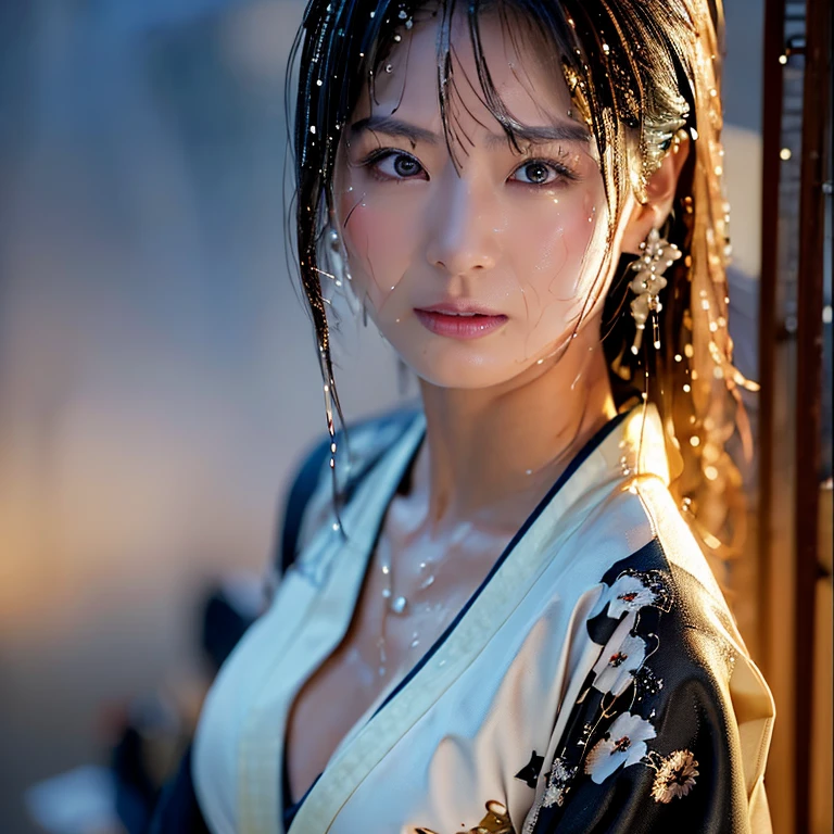 ((Low angle shooting:1.5)), (Photorealistic:1.4, 8k, highest quality, masterpiece, Ultra-high resolution), ((heavy snow)), Perfect dynamic composition:1.2, (In front of the shrine at night during the Taisho period, Expressions of sadness:0.9), (Climbing the stairs:0.9, View from directly below:0.9), Highly detailed skin and facial textures:1.2, Skinny whore in the rain:1.3, Fair skin:1.2, Sexy beauty:1.1, Perfect Style:1.2, beautifully、aesthetic:1.1, Very beautiful face:1.2, Water droplets on the skin, (Rain dripping down on my body:1.2, Wet body:1.2, Wet Hair:1.3), (Professional kimono dressing:1.1, With a wet bouquet:1.2, Wet Courtesan Costume:1.35), (Mid-chest, Bra is sheer, Chest gap),  (Big eyes that exude beautiful eroticism:0.8, Lips that exude beautiful eroticism:0.8, Too erotic:0.8, Fascinating:0.8), necklace, Earrings, bracelet