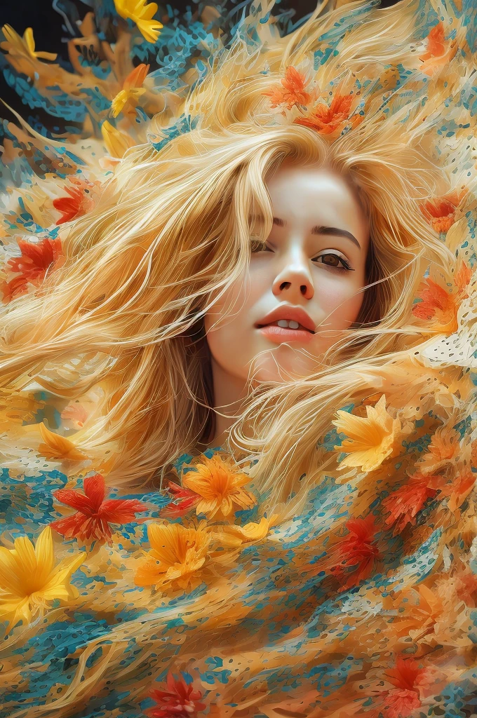 young woman, colorful chaos, elegant, vivid colors, atmospheric, petals, vibrant, striking visual design, twisting flowing fabric, the world implodes behind her, action shot, unravelling, unfurling, blossoming, bright eyes, front lit, erupting, undercurrent, endless bloom, portal, top-down camera angle, perfect face, perfect eyes detailed, realistic, high quality, long blonde hair, ultra detail
