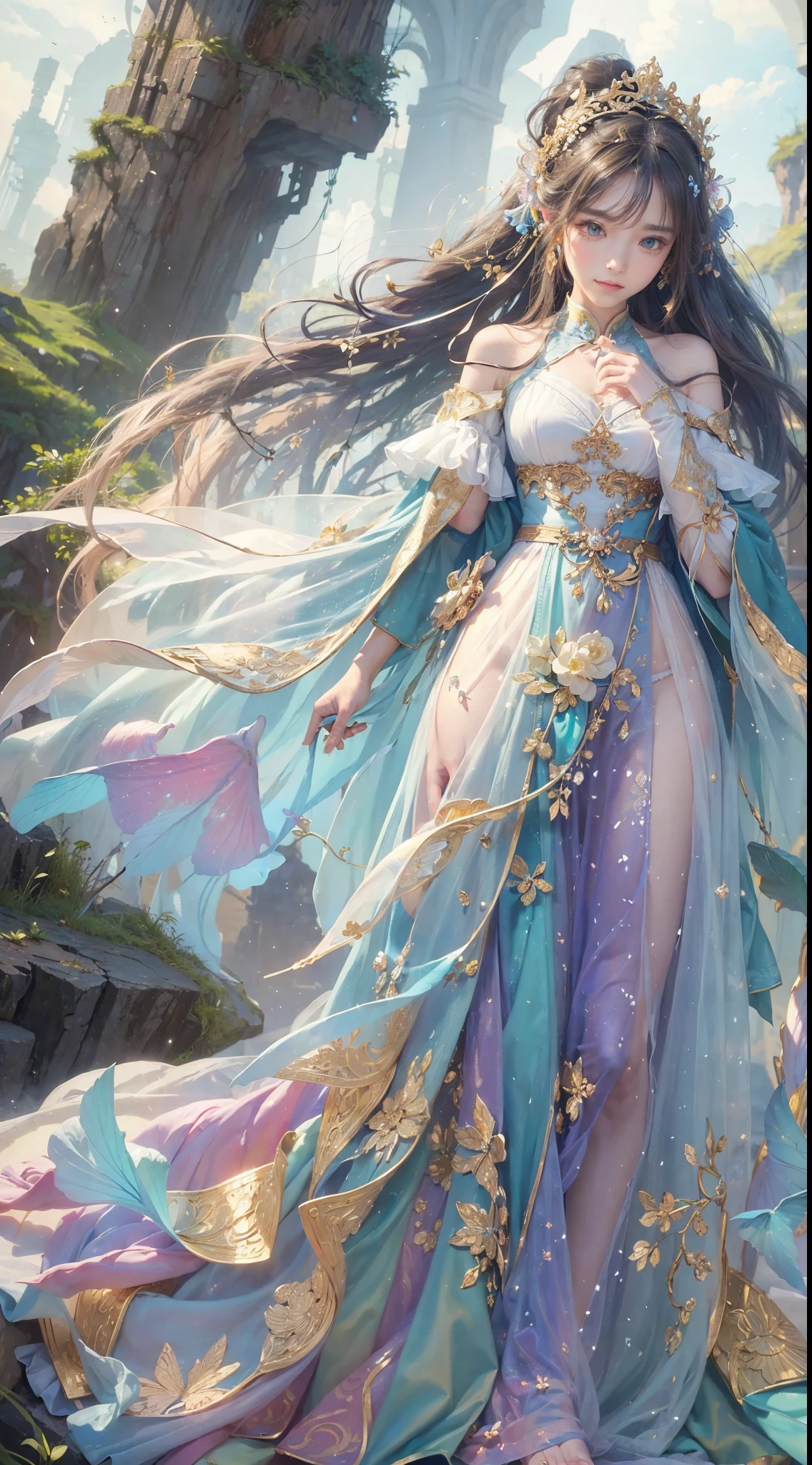 (((masterpiece))), (((best quality))), ((Extremely detailed)),(Highly detailed CG illustrations), ((Extremely delicate and beautiful)),light, Imitate the styles of currently popular masters of the genre,Create stunning works of fantasy art. 艺术作品应Include神话幻想和童话幻想的元素,And decorated with a dreamy rainbow. ((Use the rainbow as the main color scheme.)) The characters in the work are delicate and strong,Full of mystery and magic, (Beautiful translucent rainbow wings). Pay close attention to complex facial features, Such as vibrant colors and bold shadows for captivating eyes. The character's costume should be designed with gossamer feathers, silk, stunning embroidery, and subtle iridescent details. Include (((Translucent rainbow))), Dreamy colors, Dynamic Lighting, And detailed background elements,Create a sense of awe and immersion. Includes colorful flying magical birds and jewel-colored rainbow butterflies that exude a magical aura. Learn about the latest trends in fantasy art, 例如加入独特的light效果, Explore dynamic and eye-catching composition techniques, and try out unique color schemes. Get inspired by top artists on ArtStation and Midjourney. camera: Choose an angle that highlights the beauty of the figure and enhances the magical majesty of the artwork. light: Create depth and atmosphere with atmospheric lighting techniques. solve: Designed to produce high-resolution artwork,以展示Intricate details和清晰度. Artistic Inspiration: Find inspiration from popular artists on ArtStation, Explore different styles, type, and Theme,(8K, original photo, best quality),Practical,front,Intricate details,Eyes and eyelashes are very detailed,portrait,close up,, Digital SLR Camera, super quality, Fujifilm Realistic, Vivid details, Surrealism, beautiful wallpaper, 8K, best quality, masterpiece, Very detailed, Graphics, Unite,