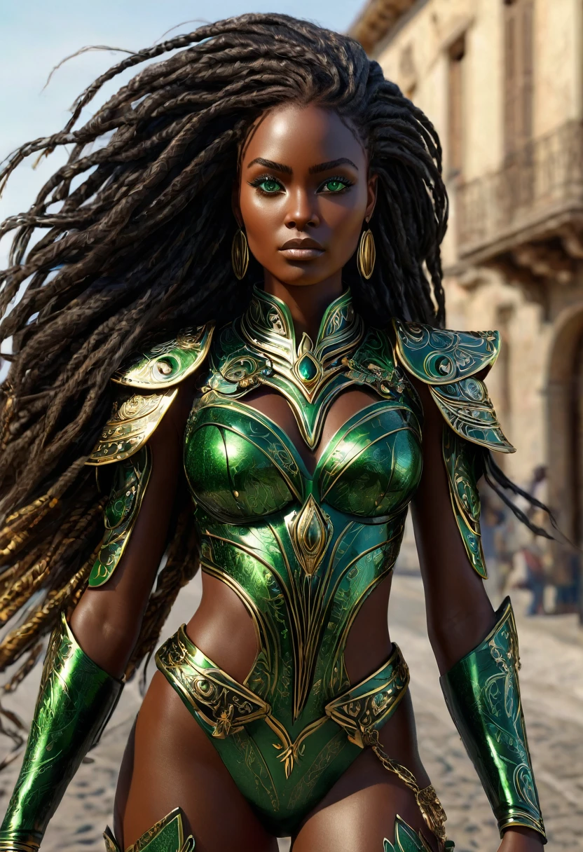 (((Femme noir africaine, peau couleur ébène intense et profond, peau parfaite, en mouvement, marche, full body))), ((best quality, extremely detailed:1.8, hyperRéaliste:1.5, photorealistic:1.5, grande profondeur de champ, vue de face, very beautiful 35 year old woman, Prise de vue en direct )), ((femme debout, she has a serious pose, very long hair, black hair with gold and shiny green highlights, quelques mèches tressées, tresses africaine, ses cheveux volent dans le vent)), ((detailed black african woman face looking at camera, yeux verts claire électrique, Warrior, feline silhouette)), (photorealistic), sharp eyes, poitrine push-up, very thin waist, jambes longues, longues jambes, fine and detailed hands, detailed hairstyle, very long hair, femme charismatique, charisme, charismatique, sparkling eyes