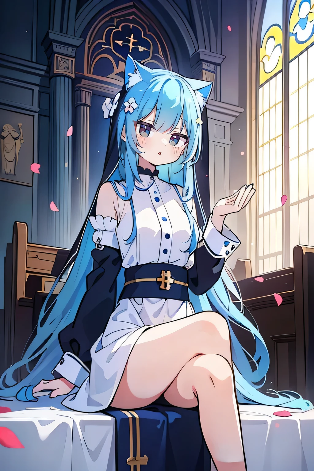 (masterpiece:1.2),Extremely detailed,Practical,expressive eyes,Fair skin,Perfect face shaping,1 Girl,
Japanese cartoons,Gorgeous blue hair, the long flowing blue hair,Floating clothes,Cat ears,Petals fall,beautiful lola,Young Angel,
Place your hands on your waist,sit elegantly on the ground,Cross your legs,Gentle and peaceful background,church,Nun's Clothes,smile.