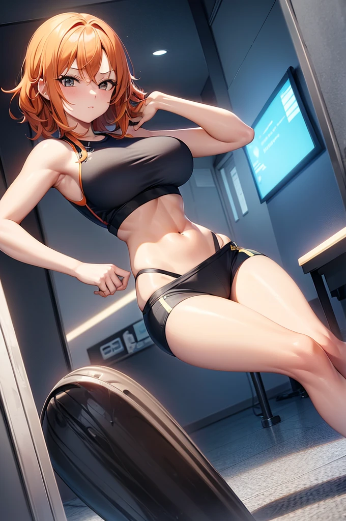 1 girl, (anime), (one piece), Nami, Nami one piece, nami, 1girl, orange hair, beautiful orange hair, big breast, perfect body, feminine body, hot body, nice figure, perfect eyes, beautiful organge eyes, wearing (gym leggings, crop top) matt-gymleggings, mattblack leggings, highly detailed, perfect image, best resolution, high image, max resolution
