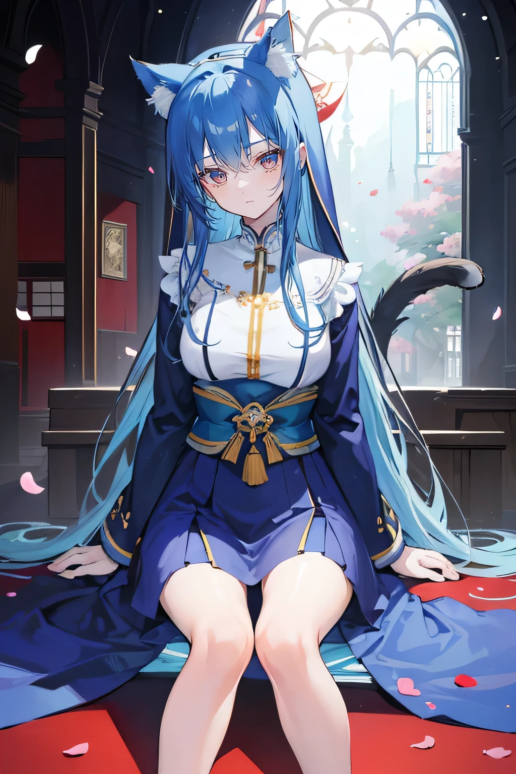 (masterpiece:1.2),Extremely detailed,Practical,expressive eyes,Fair skin,Perfect face shaping,1 Girl,
Japanese cartoons,Gorgeous blue hair, the long flowing blue hair,Floating clothes,Cat ears,Petals fall,beautiful lola,Young Angel,
Place your hands on your waist,sit elegantly on the ground,Cross your legs,Gentle and peaceful background,church,Nun's Clothes.
