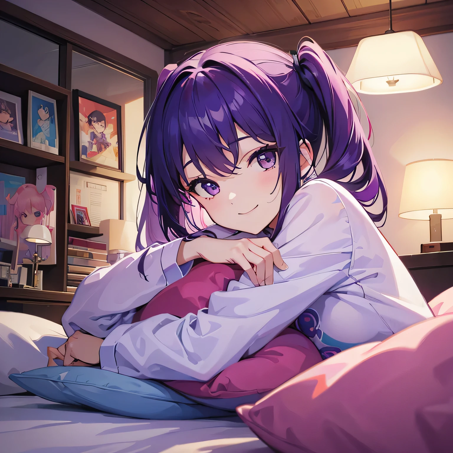 (T Masterpiece,4K wallpaper,Best Quality))、((girl1people))、(solo)、Bright and Brilliant,(Purple Hair)、(Shortcuts:1.3)、smile、Bedroom、pajamas、night