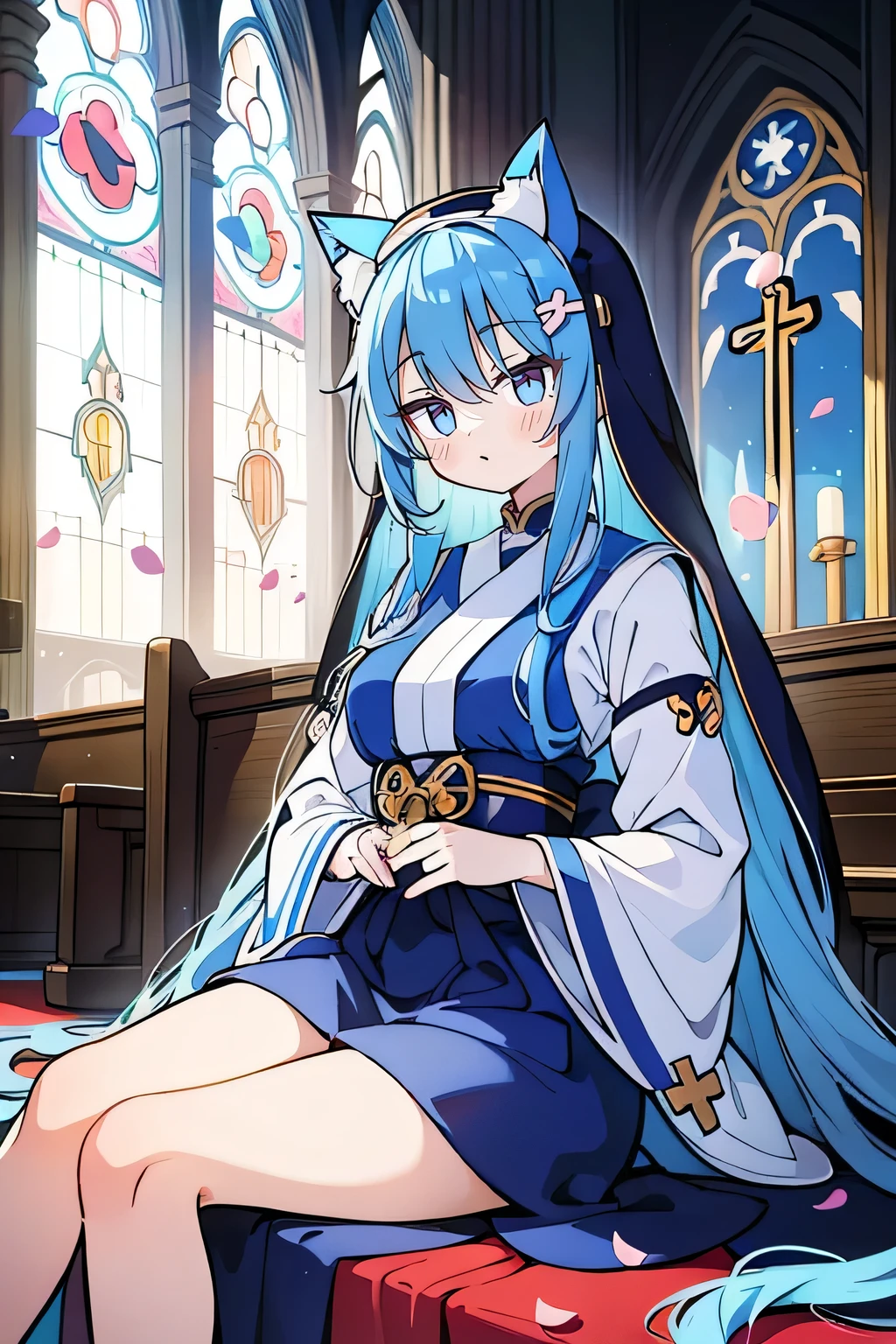 (masterpiece:1.2),Extremely detailed,Practical,expressive eyes,Fair skin,Perfect face shaping,1 Girl,
Japanese cartoons,Gorgeous blue hair, the long flowing blue hair,Floating clothes,Cat ears,Petals fall,beautiful lola,Young Angel,
Place your hands on your waist,sit elegantly on the ground,Cross your legs,Gentle and peaceful background,church,Nun&#39;s Clothes.