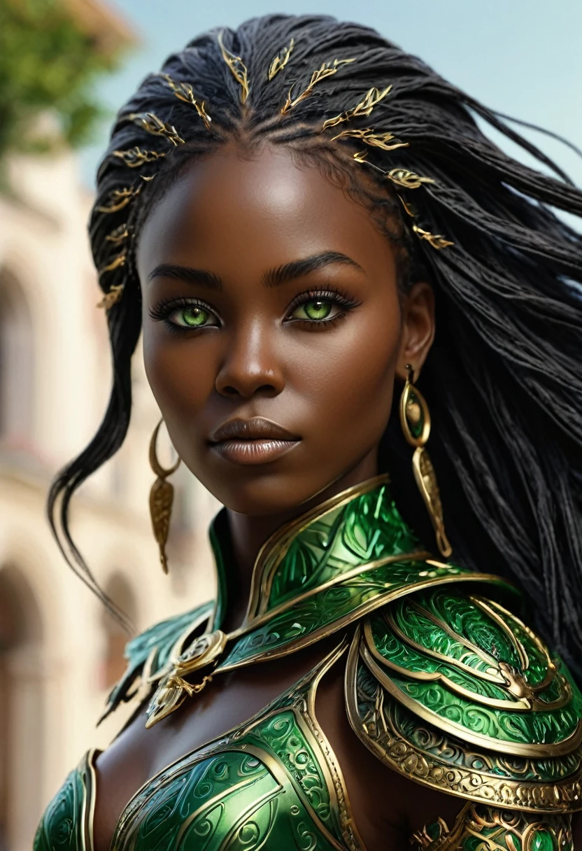 (((Femme noir africaine, peau couleur ébène intense et profond, peau parfaite, en mouvement,  marche, full body))), ((best quality, extremely detailed:1.8, hyperRéaliste:1.5, photorealistic:1.5, grande profondeur de champ, vue de face, very beautiful 35 year old woman, Prise de vue en direct )), ((femme debout, she has a serious pose, very long hair, black hair with gold and shiny green highlights, quelques mèches tressées, tresses africaine, ses cheveux volent dans le vent)), ((detailed black african woman face looking at camera, yeux verts claire électrique, Warrior,  feline silhouette)), (photorealistic), sharp eyes, poitrine push-up, very thin waist, jambes longues, longues jambes,  fine and detailed hands, detailed hairstyle, very long hair,  femme charismatique, charisme, charismatique, sparkling eyes  