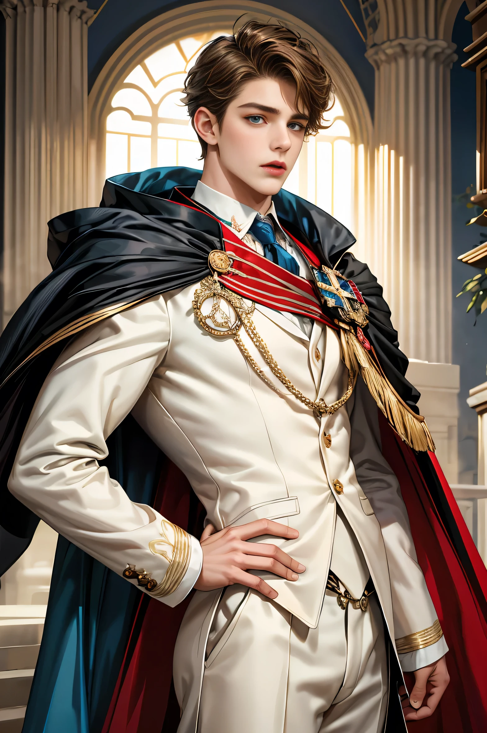 masterpiece, 最high quality, high quality, 1 boy, alone, Male focus, Watching the audience, Messy brown hair, Adorable big blue eyes, White, Noble, Noble, Beautiful tailcoat、A very voluminous, large, very large, very large, long, long red and black cape with a high stand-up collar, made of a lot of fabric that reaches down to the floor., ,Cute beautiful boys,Cute, cute, kind, handsome guy