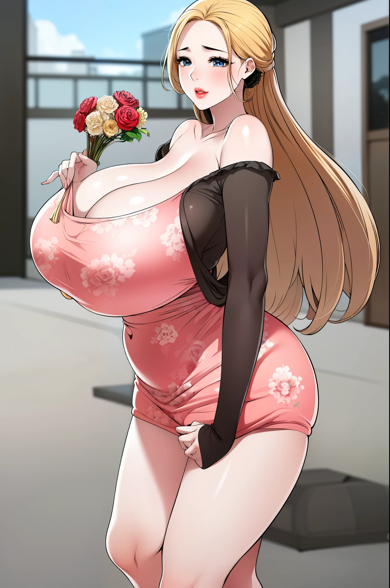 An extremely, insanely beautiful stunning gorgeous pretty cute sexy busty mother with a perfect gorgeous beautiful face, extremely super bright snow white fair stunning flawless glowing lush shiny white skin, and complexion, gold blonde hair tied in a cute hairstyle with hair ornament and red rose flower on hair, age 23, stunning shiny big shiny glowing blue eyes, bright pink cheek blushes, brown-black eyelashes, pink puffy lips, pink nails, goddess-like extremely cute sweet smile, face full of life, wearing a gold necklace, feet anklets, wearing a extremely pretty sexy short loose-soft revealing PURPLE COLOURED floral frock dress with threads with a WHITE COLORED OFF-THE-SHOULDER CROCHET CARDIGAN sweater hanging on her back and shiny gold high-heels, gold bangles, looking at the viewer, standing straight, insanely tight skinny perfect hourglass figure, perfect round wide perfect hips, perfect bouncy round breasts, perfect round plump ass poking out of her dress, holding bouquet of red roses, road market in the background, day time, show full body from head to feet.