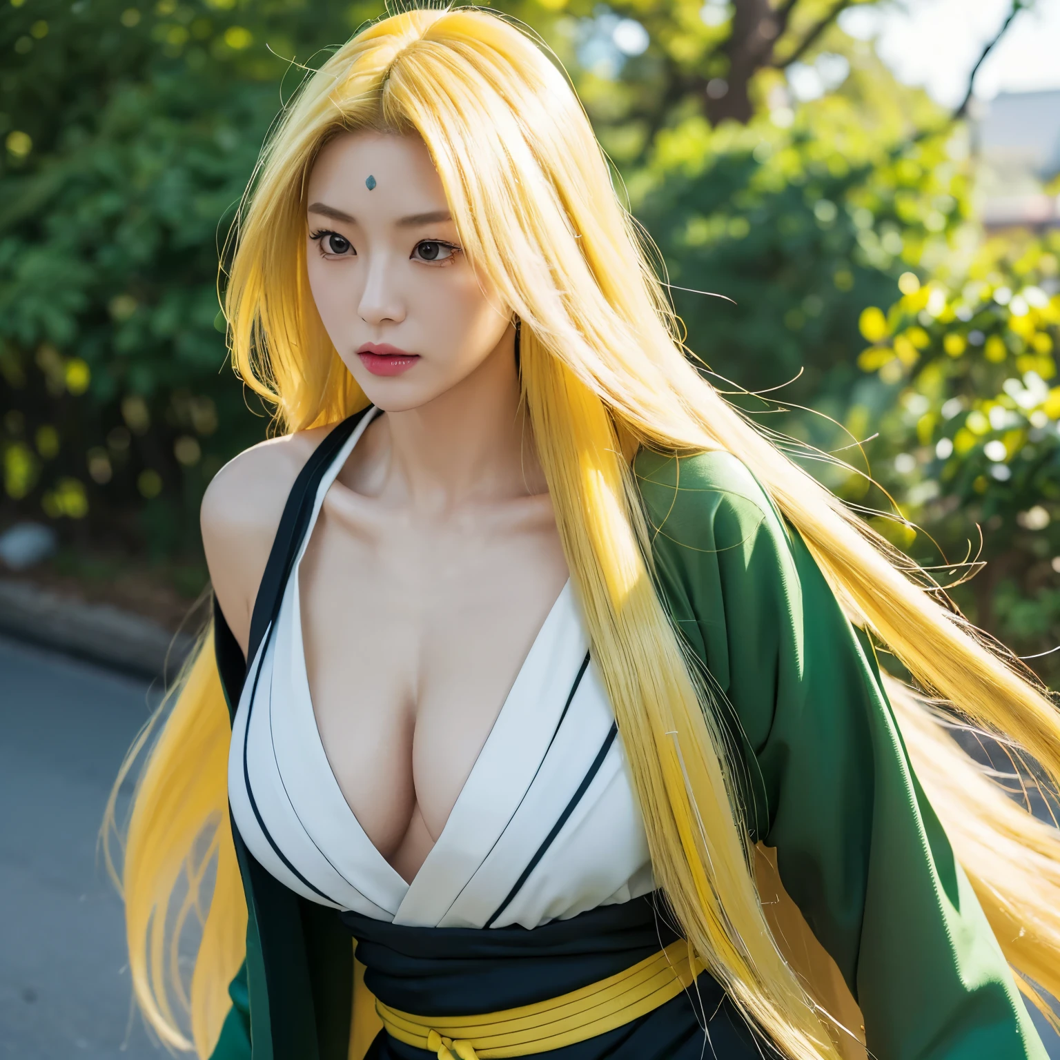 (((masterpiece+highest quality+High resolution+Very detailed))), Tsunade Senju, solo, Japanese (([woman]: 1.3 + [beauty]: 1.3+ Long yellow hair: 1.5)), Bright Eyes, Dynamic angles and postures, wallpaper, ((natural big breasts:1.2)), Tsunade costume, (Ultra Realistic:1.5), (Photo Realistic:1.5), (UHD:1.5), A green & black jacket with 賭 (Kake - Gamble) on the back inside a red circle between the shoulder blades, worn over a white kimono top held together with a blue obi belt, a crystal tattoo at forehead