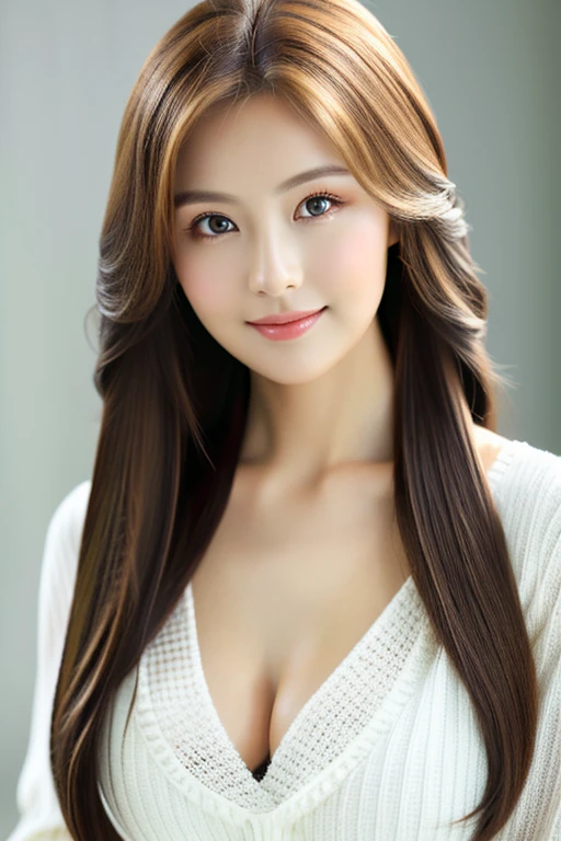 (masterpiece:1.3), (8k, Photorealistic, Raw photo, Best image quality: 1.4), Japanese woman in her 30s、(Long Hairstyles:1.2)、Cleavage:1.2、Super detailed face、Attention to detail、double eyelid、Put your chest together、Sharp focus:1.2、Beautiful woman:1.4、Light brown hair、highest quality、masterpiece、超A high resolution、(Photorealistic:1.4)、Highly detailed and professionally lit smile、thin、Loose, lightweight knitwear、Serious expression、Deadly position、Stylish bar