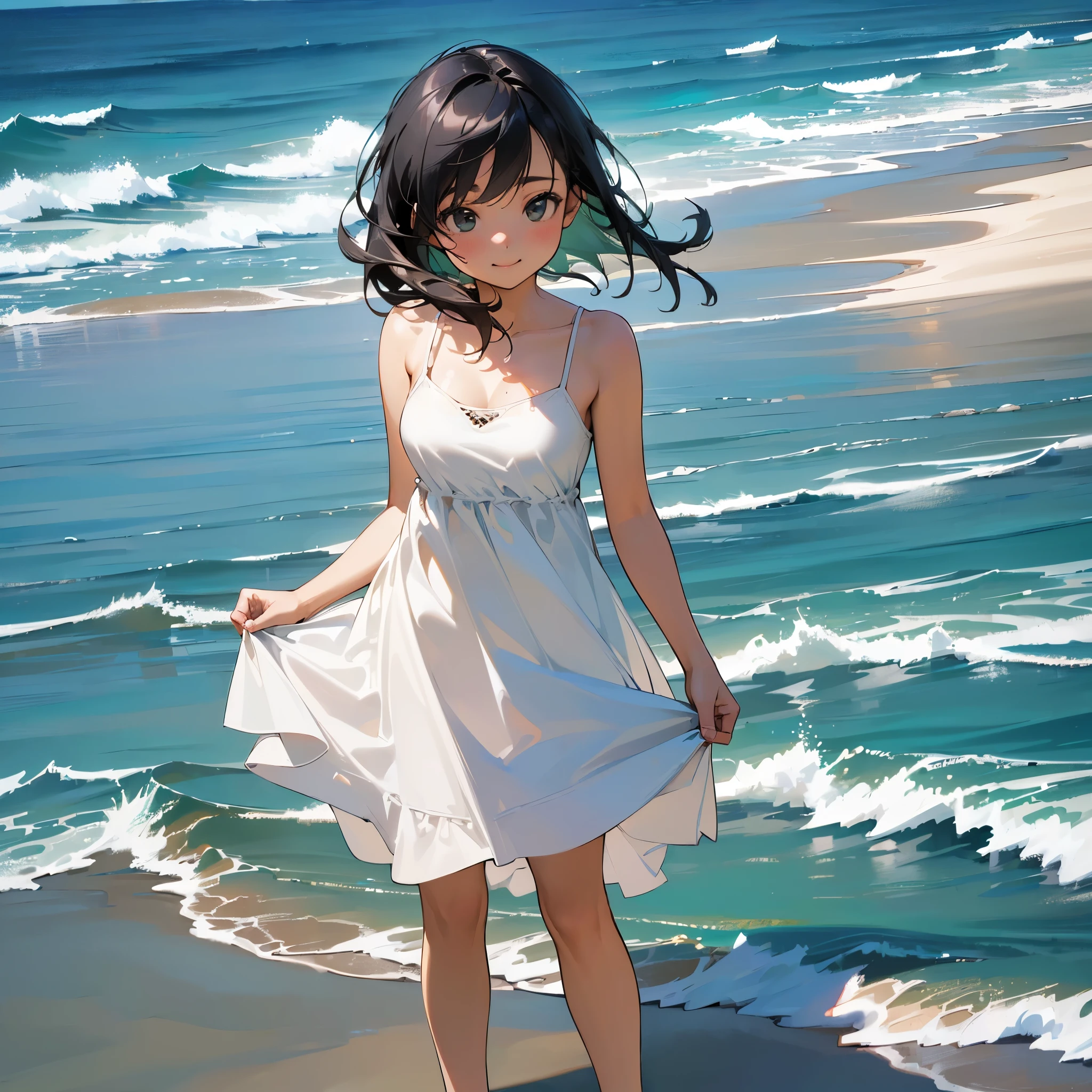 (high quality, High resolution, Very detailed, reality:1.37), Peaceful atmosphere, (Outdoor, Sandy Beach ,Ocean),  girl standing alone, (my breasts are big.), Beautiful details, Cute Smile, (Black bob hair), White camisole dress, barefoot.