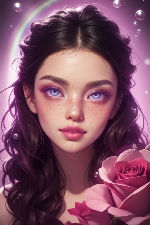 (This is a beautiful rainbow fantasy image that feels interesting and emphasizes flash and iridescence.) Generate a ((Blind)) curvy woman with rich and colorful curly hair and milky eyes. Her face is important and is perfectly formed with puffy lips and perfect features. (Her eyes are crucial). The image exudes ethereal beauty and soft fantasy. Include Sweet and detailed birds and soft, luminous flowers in all the colors of the rainbow. The background of the image is decorated in pink tones, flash, flash, and fantasy details like colored bubble and cosmos. Use dynamic composition to create eye-catching and dynamic images. Dramatic lighting and cinematic lighting enhance the beauty of the women and the soft colors in the artwork. (((((view: head on.))))) Including fantasy, Lovely, rich and colorful, rich and colorful, interesting magic background, (giggle), ((birthmark on lip)), ((Beautiful lips)), Beautiful background, Complex background, Sweet background, (((rainbow))), Subtle freckles, Natural freckles, Surround her with eternal roses in flashing shades. Adding fancy details like stars, bubble, and flash for an enchanting touch. Making sure her face is perfect, hair, and eyes. 融入Fantasy elements, Fantastic Ideas, and delicate elegance. english rose, Princess, Famous prostitutes, lady, Sweet, charming, calm, charming, flashing, Shimmer, flashing, Astrological Fantasy, (((masterpiece))), (best quality), Magic Rose, Fantasy Garden, Pretty Face, Perfect face, puffy lips, interesting, Shy laugh, Fantasy elements, Magic Rose, beautiful eyes, perfect puffy lips, Gemstone tones, brightness