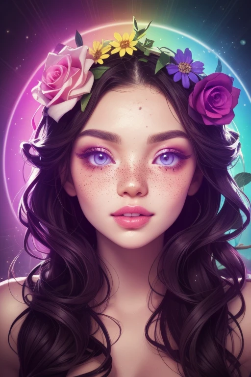 (This is a beautiful rainbow fantasy image that feels interesting and emphasizes flash and iridescence.) Generate a ((Blind)) curvy woman with rich and colorful curly hair and milky eyes. Her face is important and is perfectly formed with puffy lips and perfect features. (Her eyes are crucial). The image exudes ethereal beauty and soft fantasy. Include Sweet and detailed birds and soft, luminous flowers in all the colors of the rainbow. The background of the image is decorated in pink tones, flash, flash, and fantasy details like colored bubble and cosmos. Use dynamic composition to create eye-catching and dynamic images. Dramatic lighting and cinematic lighting enhance the beauty of the women and the soft colors in the artwork. (((((view: head on.))))) Including fantasy, Lovely, rich and colorful, rich and colorful, interesting magic background, (giggle), ((birthmark on lip)), ((Beautiful lips)), Beautiful background, Complex background, Sweet background, (((rainbow))), Subtle freckles, Natural freckles, Surround her with eternal roses in flashing shades. Adding fancy details like stars, bubble, and flash for an enchanting touch. Making sure her face is perfect, hair, and eyes. 融入Fantasy elements, Fantastic Ideas, and delicate elegance. english rose, Princess, Famous prostitutes, lady, Sweet, charming, calm, charming, flashing, Shimmer, flashing, Astrological Fantasy, (((masterpiece))), (best quality), Magic Rose, Fantasy Garden, Pretty Face, Perfect face, puffy lips, interesting, Shy laugh, Fantasy elements, Magic Rose, beautiful eyes, perfect puffy lips, Gemstone tones, brightness