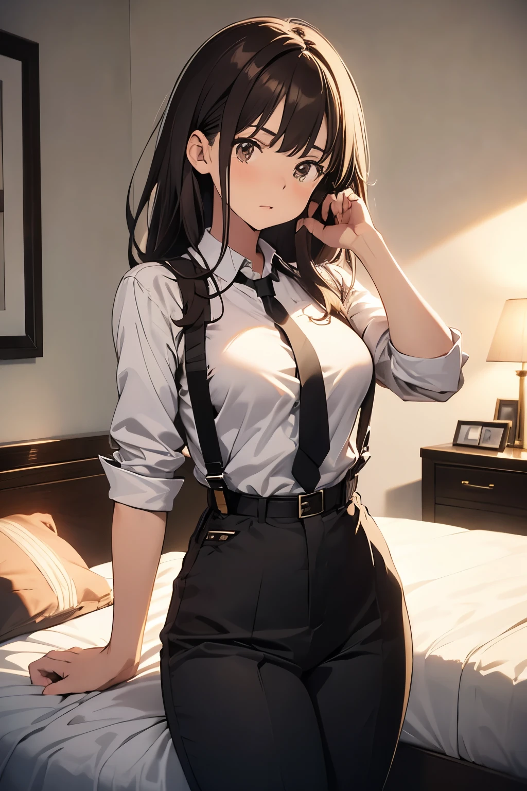 
Brown Hair、Staring at the audience　　　Black suspenders　　　bulging big breasts　　 　 　　　wall: 　Black trousers　　　　　sight　　　Small face　 　　　holster　　　Beautiful woman　　Show your hand　　 Lying in bed　　sight 　　Taunt　side　side汗 　arm　Dress shirt　suit　belt