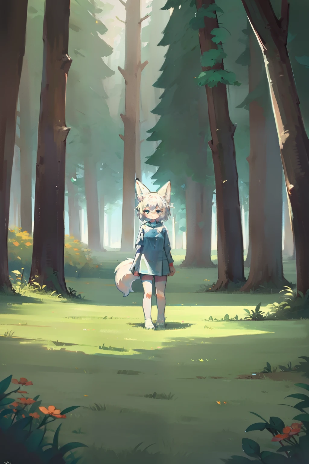 Top quality，best quality，Vector Art，High-quality illustrations，masterpiece）（Common，Furry Human），forest，night，(Girl white humanoid fox:1.2), Frustration，hurt，search，Ultra-detailed illustrations，The only person，宁静的night，Trees，，Complete limbs