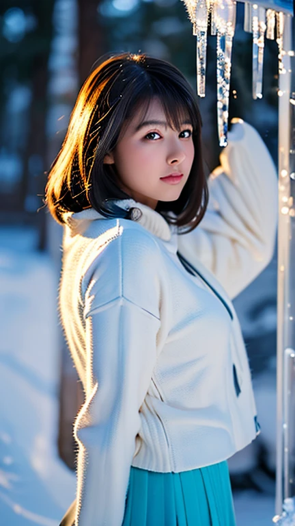 high quality, masterpiece, Ultra-high resolution, (Realistic:1.4), Raw photo, 1, Japanese,Black Hair、Moody tones, Hair swaying in the wind、Beautiful woman,20-year-old、Place one hand in front of their chest、Frontal body、whole bodyショット、flare skirt、cold、winter,Snow Scene,Snowfall,a whitish fluffy coat,a red checked wool scarf,Detailed depiction of the hand、short hair、Short Hair、whole body、Red check muffler、Strong sunlight、Shadow representation、Don't look over here、Looking into the distance