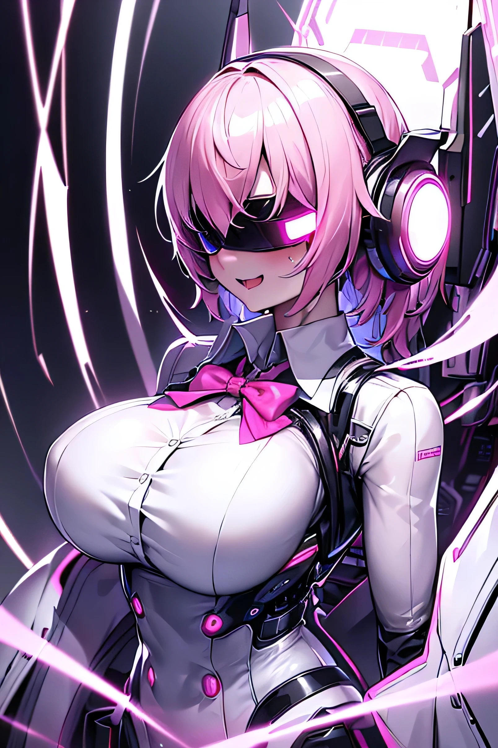 Anime cyborg girl sitting in a pilot seat wearing a virtual reality headset covering her eyes on her face with machinery and tubes and wires going inside her head and brain, (Best quality,highres:1.2), ultra-detailed, (realistic:1.3), cyberpunk, futuristic, portrait, shiny revealing latex outfit, cyber implants, virtual reality, drooling face, cables plugging into brain, shirt collar, bowtie, formal clothing, open mouth smile, facing viewer, girl is vibrating, glowing virtual reality headset, relaxed expression, blushing, cyber future formal wear, cyberpunk, futuristic, brain drain, cyber implants, virtual reality, drooling face, virtual reality headset covering eyes,  , big collar, high collar, open mouth smile, pleasured face expression, skin tight clothing, big shirt collar, big bowtie, biggest breasts in the world, light-emitting cable connected to brain, head antennas, oversized headphones, breasts are vibrating, open mouth drooling, blank expression, red face blush, cyborg, android, mechanical creature, mechanical torso, futuristic cyberpunk cyborg body, slim futuristic android, glowing lights on girls body, power cells, head is emitting pink light, formal shirt collar, big formal bowtie, , glowing nipples, big shirt collar, high collar, white collar, electrocution, girl being electrocuted, electricity, electricity sparks, pink hair, short hair, neon pink hair, body modification, orgasm, pleasure, (VR headset covering the eyes), vibrating breasts, vibrating girl, intense vibration, glowing nipples, lightbulb nipples, girl wearing large VR headset, glowing eyes, blank eyes, focused face expression, buttoned up white dress shirt, formal shirt with huge collar