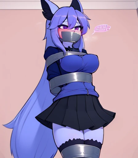 1girl, tape bondage, gagged, looking at viewer, squinting, blushing, full body tape, bat, blue fur, long hair, purple eyes, blue hoodie, black skirt, blue face, medium breasts, white accents,
