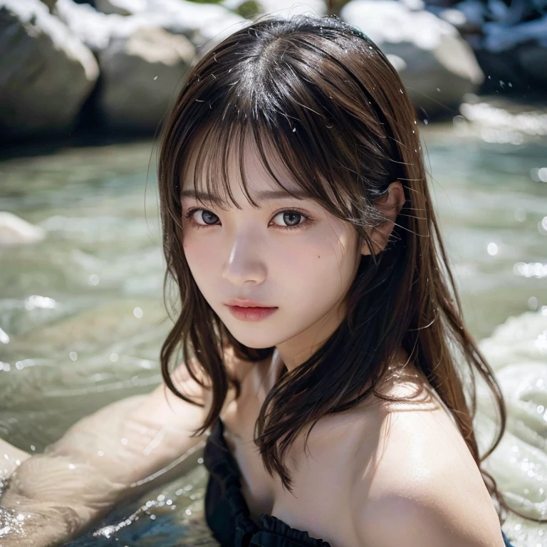 Rembrandt Lighting, (photoRealistic:1.2), (highest quality), (Detailed skin:1.3), (Intricate details), Ray Tracing,One girl, In detail, One Girl, Very beautiful face and eyes,肩にかかるLong Hair, 顔front, (Intricate details), dramatic, Ray Tracing, 顔front, Scattered beneath the surface,(blush:0.5), front, bangs, Hair between the eyes, One girl, Cute Japanese Girl,Detailed skin texture, Bare skin above the collarbone, Shoulder Bare Skin, masterpiece, highest quality, High resolution, View your viewers、Idols,Top view angle,Ultra-high definition 8K,highest quality,Very detailed,masterpiece,Realistic,Rich details,Photographic realism,Very detailed環境,Very detailed照明,Very detailed詳細,Photographic works,Long Hair,Painful expression,cry,目を開けてcry(Lying in the cold river:1.5),Looking at the camera,Top view angle,