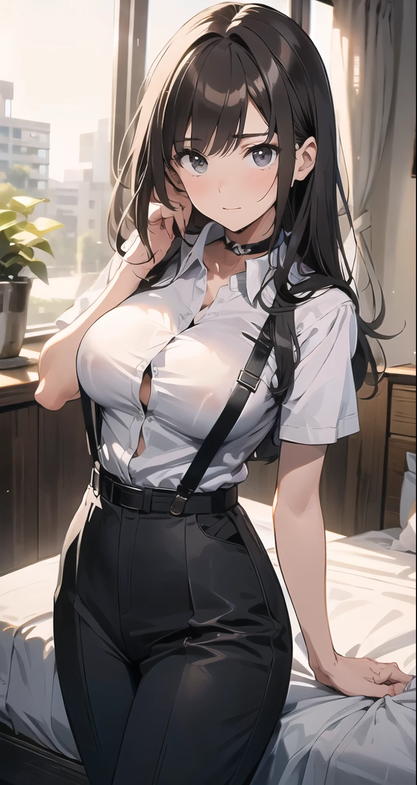 Brown Hair、Staring at the audience Black suspenders bulging big breasts wall: Black trousers sight Small face holster Beautiful woman Show your hand Lying in bed sight Taunt side side汗 arm Dress shirt suit belt