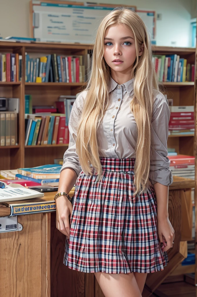 (Sienna), Masterpiece, a ************ girl with long blonde hair, wearing a shirt and a school skirt, in a college classroom, (best quality, high quality), hyperdetailed, highres, high detail, intricate detail, HDR, 8k, sharp focus, detailed background, perfect hands, realistic eyes, detailed skin texture, (blush:0.5), (goosebumps:0.5), subsurface scattering,