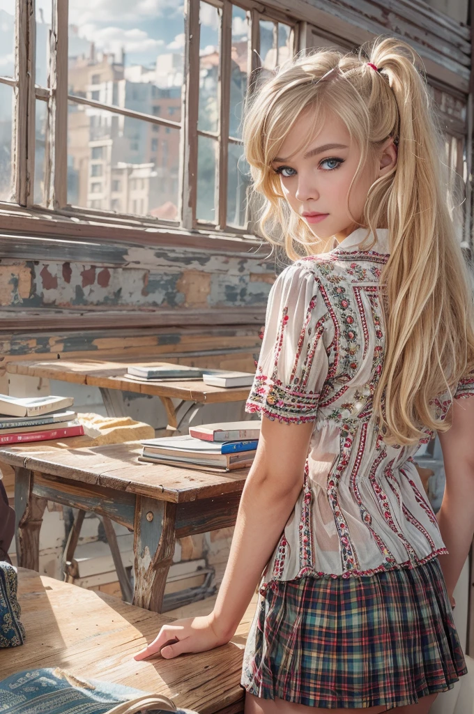 (Sienna), Masterpiece, a ************ girl with long blonde hair, wearing a shirt and a school skirt, in a college classroom, (best quality, high quality), hyperdetailed, highres, high detail, intricate detail, HDR, 8k, sharp focus, detailed background, perfect hands, realistic eyes, detailed skin texture, (blush:0.5), (goosebumps:0.5), subsurface scattering,