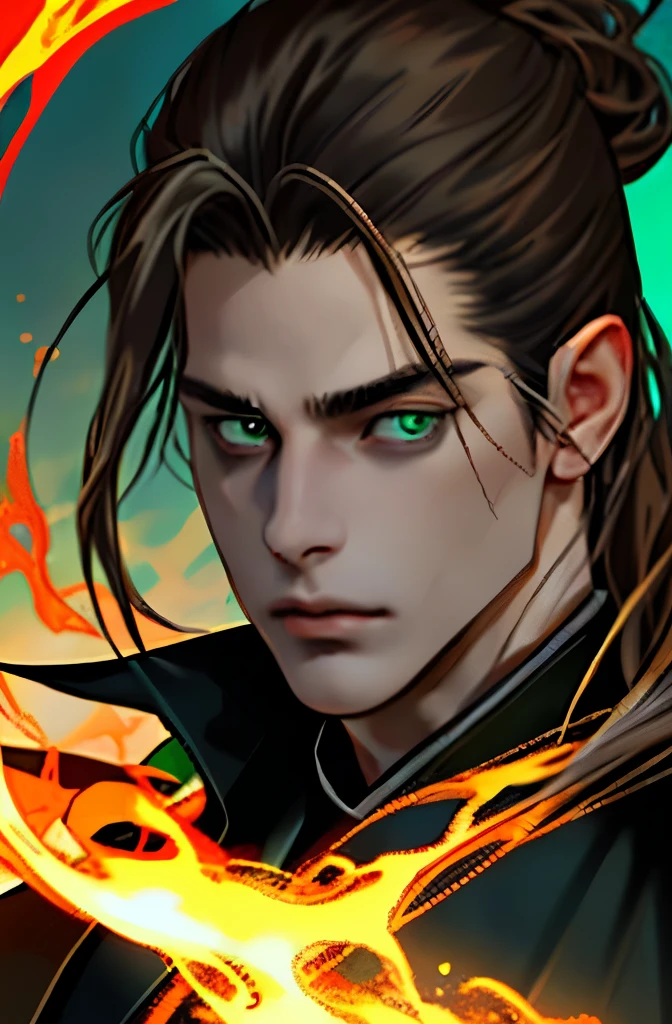 Twenty year old guy, brown long hair, hair pulled back, green eyes, looking into the camera, Beautiful face, correct anatomy, Dynamic portrait, fire mage, Black clothes, black robe