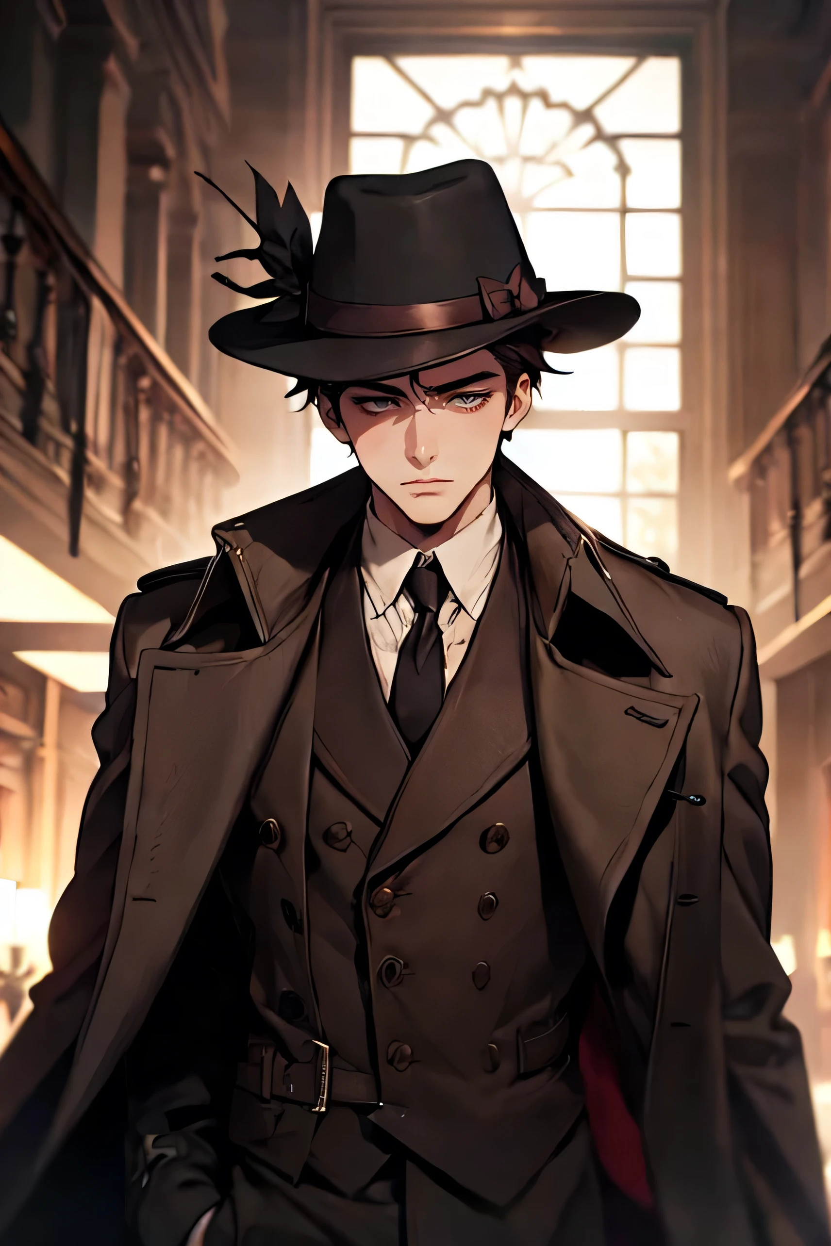 masterpiece, best quality, realistic, 1man, mature male, quiet and charming young man, 25 years old, close his eyes, serious look, extremely detailed face, ((dark grey eyes)), ((short-right-swept dark brown hair)), [thick eyebrows], detective, ((Dressed in a classic overcoat and fedora hat)), cinematic lighting, looking at the audience, posture dynamics, Victorian era