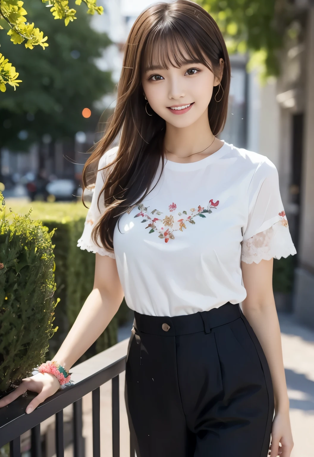 (masterpiece, best quality:1.1), (8k, raw photo, photo realistic:1.2, f22), (shiny skin), detailed skin,long hair,ribbon,detailed face, detailed eyes,smile,BREAK, real world, intricate details, smil, BREAK, 1girl, full body,(orange,short sleeve,pants)BREAK, (Florist:1.4)